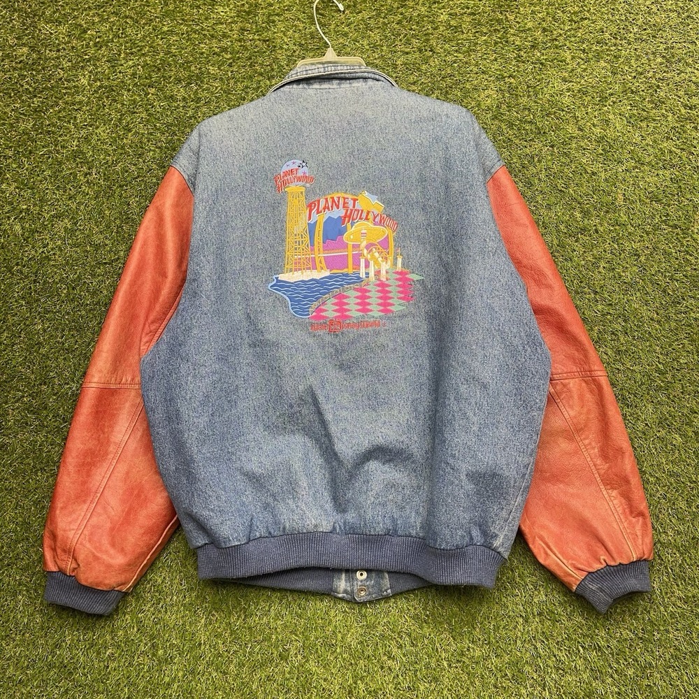 Planet Hollywood Jacket Mens XL Walt Disney World Letterman USA Leather Denim - Picture 8 of 13
